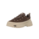 A single low-top sneaker by The North Face in dark brown suede and beige, featuring a chunky beige platform sole and matching laces, shown against a plain white background.