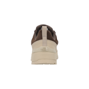 A single The North Face sneaker shown from the back, featuring dark brown suede panels on the upper and a light beige midsole and heel counter, with a matching beige pull tab and sole.