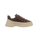 A low-top platform sneaker in dark brown suede and beige synthetic material, featuring a chunky beige sole and matching beige laces, shown from a side profile on a white background.
