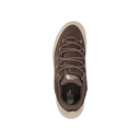 A top-down view of a brown suede and mesh low-top sneaker by The North Face, featuring brown rope laces and a cream-colored sole, on a solid white background.