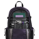 Purple backpack with compartments and items on a white background