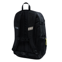 A black technical backpack shown from the back, featuring padded shoulder straps, compression buckles, a top carry handle, and a side mesh pocket with a yellow zipper pull, on a plain white background.