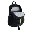 A black backpack with a laptop compartment open at the top and a front pocket with a gray flap, featuring bright yellow accents and a mesh side pocket, shown on a white background.