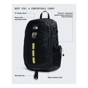 A black The North Face backpack with yellow accents, shown on a light gray background with callout lines and text describing its features.