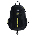 A black The North Face backpack with yellow-green reflective vertical stripes and a 'JANNU' patch on the front, shown against a plain white background.