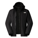A black hooded jacket from The North Face, featuring a full front zipper, zippered side pockets, and a small white logo on the left chest, displayed against a solid white background.