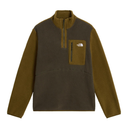 A fleece pullover sweater by The North Face, featuring a dark brown body, olive green sleeves and collar, and a zippered chest pocket with the brand's logo.