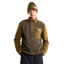A male model wearing a quarter-zip fleece pullover by The North Face in olive green and mustard yellow, paired with a matching olive green beanie and dark pants, against a solid white background.