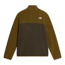 A fleece pullover jacket by The North Face, shown from the back. It features a colorblock design with an olive green upper section and sleeves, and a dark brown lower section.