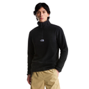 A man wearing a black long-sleeve quarter-zip fleece pullover by The North Face, paired with khaki pants, against a solid white background.