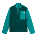 A teal and dark green fleece pullover from The North Face, featuring a quarter-zip collar, a vertical chest zip pocket, and the brand's logo on the chest pocket.