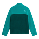 A teal and dark green colorblock fleece pullover sweater by The North Face, shown from the back on a solid white background.