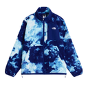 A blue and white tie-dye fleece jacket by The North Face, featuring a full-zip front, a stand-up collar, and a chest pocket with the brand logo.