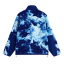 A blue and white tie-dye jacket shown from the back, featuring solid navy blue panels on the lower back and sleeves, set against a plain white background.