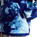 Close-up of a blue and white tie-dye fleece jacket with a front zipper and side pocket, worn by a model.