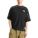Person wearing a black t-shirt with a logo on a white background