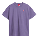 A purple short-sleeve crewneck t-shirt by The North Face, featuring a small red logo patch on the left chest and a red brand label inside the collar, displayed on a solid white background.