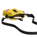 A bright yellow crossbody phone bag with a black adjustable strap, shown open with a phone inside, on a solid white background.