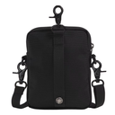 A black nylon crossbody bag with a front webbing strap, black metal clips, and a silver snap button, shown on a plain white background.
