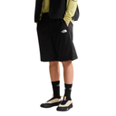 Person wearing black shorts with a brand logo on a white background