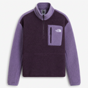 A purple fleece quarter-zip pullover from The North Face, featuring a dark purple body, lighter lavender sleeves and collar, and a zippered chest pocket with the brand's logo.