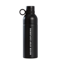 A matte black insulated water bottle with a matching black screw cap and carrying loop, featuring the vertical white text 'NEVER STOP EXPLORING' on the front, set against a plain white background.