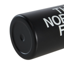 Close-up of a matte black cylindrical tumbler with white printed text reading 'THE NORTH FACE' on a clean white background.
