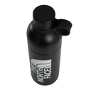 A matte black insulated water bottle with a matching black lid and carry loop, featuring a white printed 'THE NORTH FACE' logo on the front, set against a plain white background.