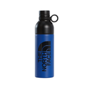 A blue and black insulated water bottle with a black cap and loop handle, featuring the 'The North Face' logo printed vertically on the front, set against a plain white background.
