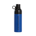 A blue and black insulated water bottle with a black screw cap and carrying loop, featuring the vertical text 'NEVER STOP EXPLORING' in black on the blue body, shown on a plain white background.