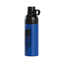 A blue insulated water bottle with a black cap and black vertical North Face logo, shown on a plain white background.