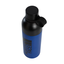 A blue and black insulated water bottle with a flip-top lid, featuring the North Face logo printed vertically on the side, set against a plain white background.