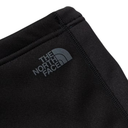 Close-up of black athletic fabric with a tonal dark gray The North Face logo printed on the side.