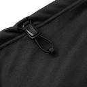 Close-up of a black fabric garment with a black plastic drawstring toggle and loop closure, shown against a white background.