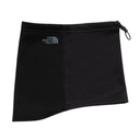 A black asymmetrical neck gaiter with a top zipper and a gray The North Face logo on the left side, shown against a plain white background.
