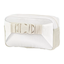 Clear plastic container with a white lid and beige strap on a white background