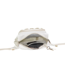 White crossbody bag with a visible interior on a white background