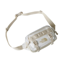 White waist bag with beige strap and The North Face logo on a white background