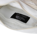 Close-up of a white mesh pouch with a black label featuring 'The North Face' logo.