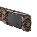 Dog collar with patterned strap and black buckle on a white background