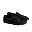 A pair of black leather boat shoes with gold grommets and laces, shown from a three-quarters angle on a solid white background.