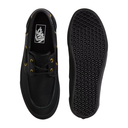 A pair of black leather boat shoes shown from the top and side, with gold eyelets and a black textured Vans sole visible against a white background.