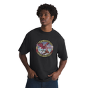 A man wearing a black crewneck t-shirt with a circular graphic of a red dragon and the text 'SUCKSWATT VALLEY DRAGONFLYERS'.