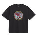 A black short-sleeve crewneck t-shirt featuring a circular graphic print on the chest with a red dragon and the text 'BLACK RAVEN'S WORLD TOUR'.
