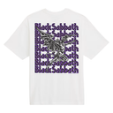 A white short-sleeve t-shirt with a large graphic on the back featuring the band name 'Black Sabbath' repeated in purple and black, overlaid with a black and white illustration of the Dragon.
