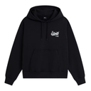 A black Vans pullover hoodie with a small white graphic print on the left chest, displayed against a solid white background.