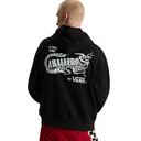 A man shown from the back wearing a black Vans hoodie with a large white graphic on the back featuring a dragon and the text 'ABALLERO BY VANS' and '© 1988 VANS'.