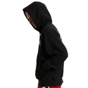 A person wearing a black Vans pullover hoodie with a small white graphic on the chest, shown in profile against a plain white background.