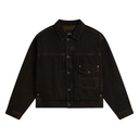 A dark washed black denim trucker jacket with a button-up front, chest pocket, and button snap details, shown flat on a white background.