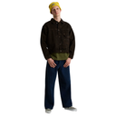A model wearing a dark brown corduroy jacket, dark blue jeans, a green shirt, a yellow beanie, and checkerboard sneakers, standing against a plain white background.